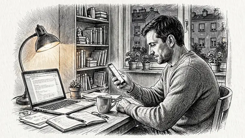 Osoba przy biurku w domu korzysta ze smartfona, obok laptop i lampa.