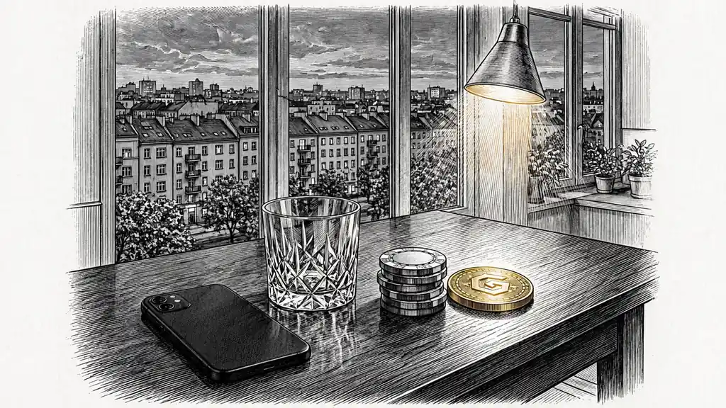 Stół z tokenem kryptowaluty, żetonami i telefonem przy oknie z widokiem na miasto